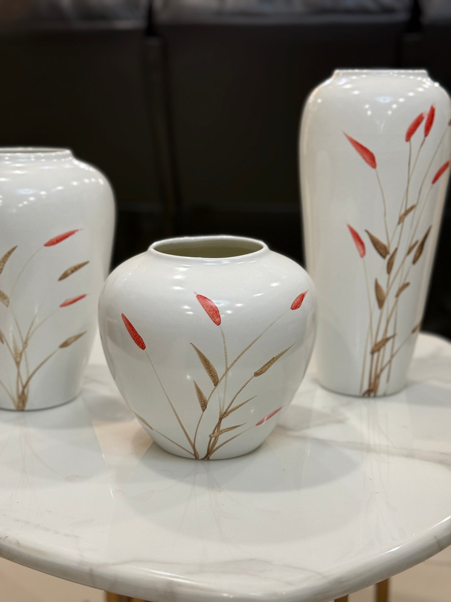 Fatima Home Décor Crimson Reeds Ceramic Vase Set – 3-Piece Elegant Hand-Painted Botanical Collection