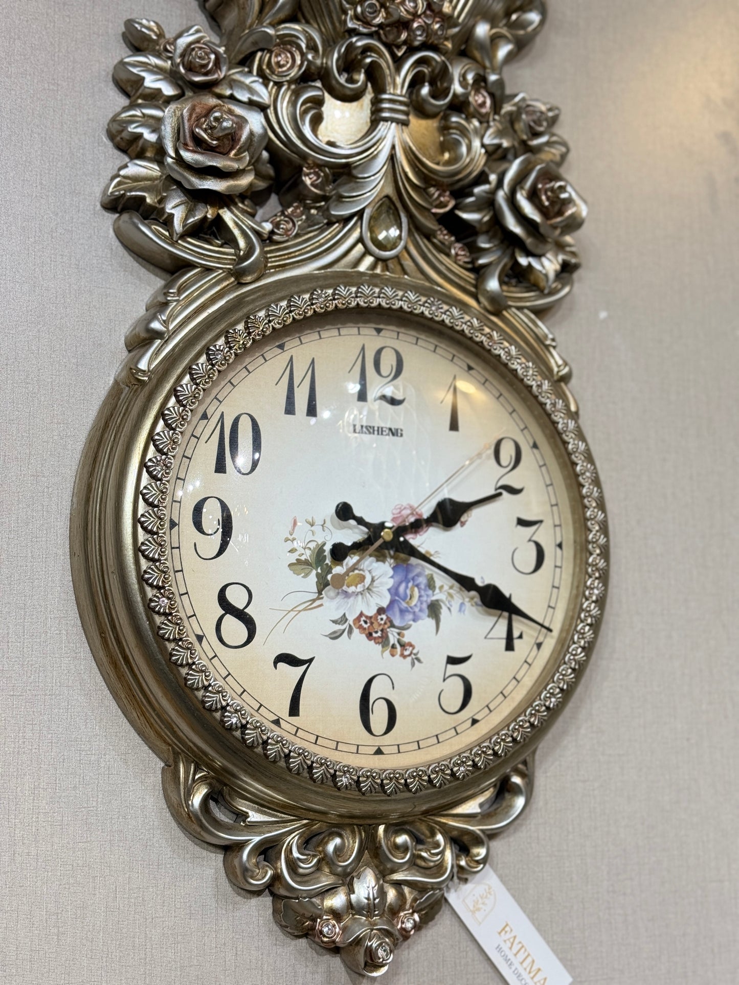 Fatima Home Décor Lisheng Royal Floral Wall Clock – Ornate Champagne Gold PVC Timepiece