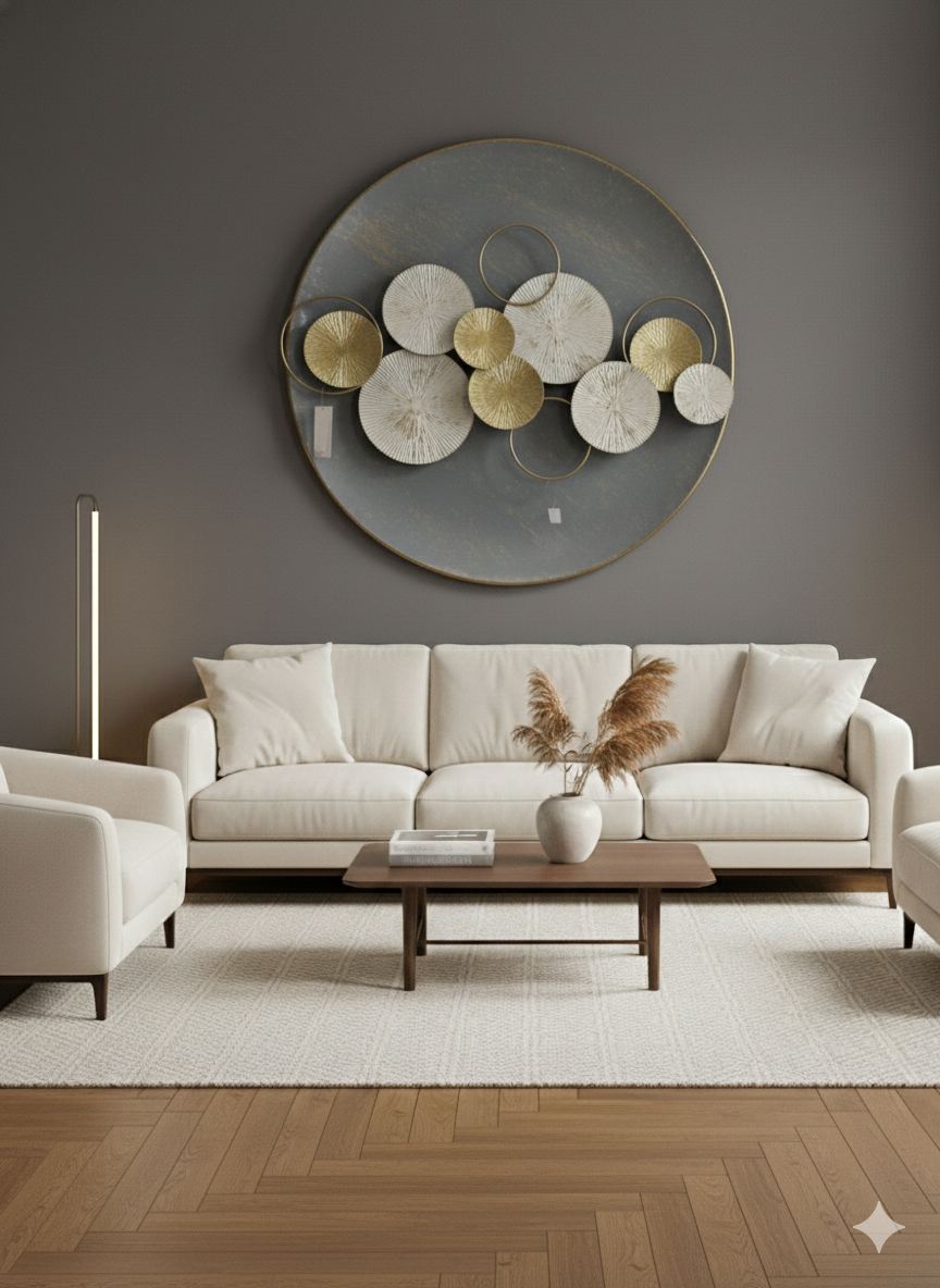 Large circular mixed-media wall art with gold and white sunburst discs on a slate-grey background displayed at Fatima Home Décor store in Islamabad.