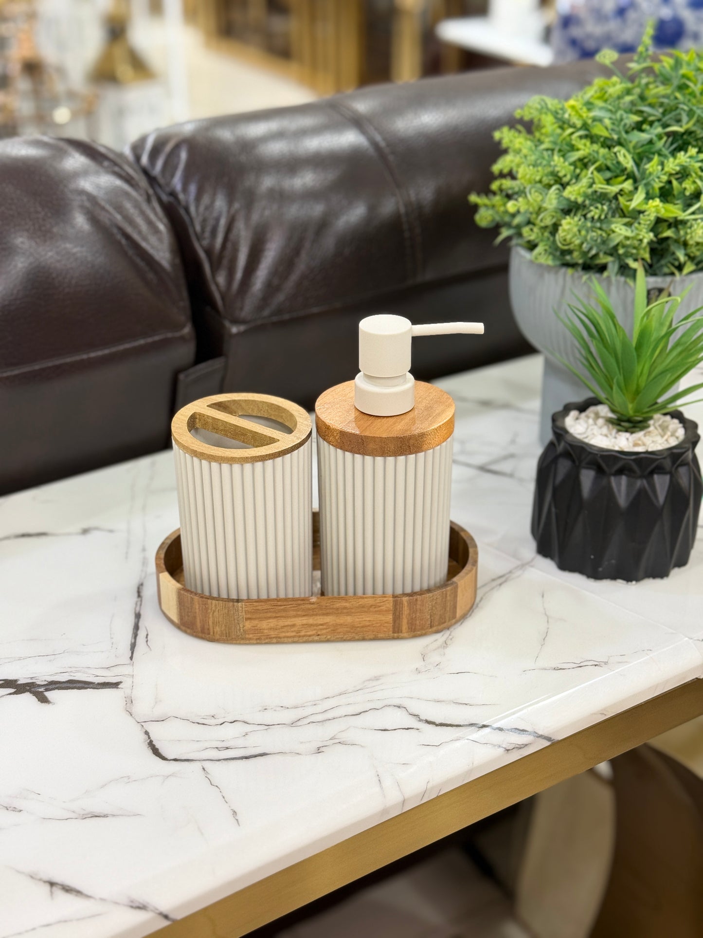 Fatima Home Décor Nordic Ribbed Bathroom Set – 5-Piece Minimalist Bath Collection with Wood Accents