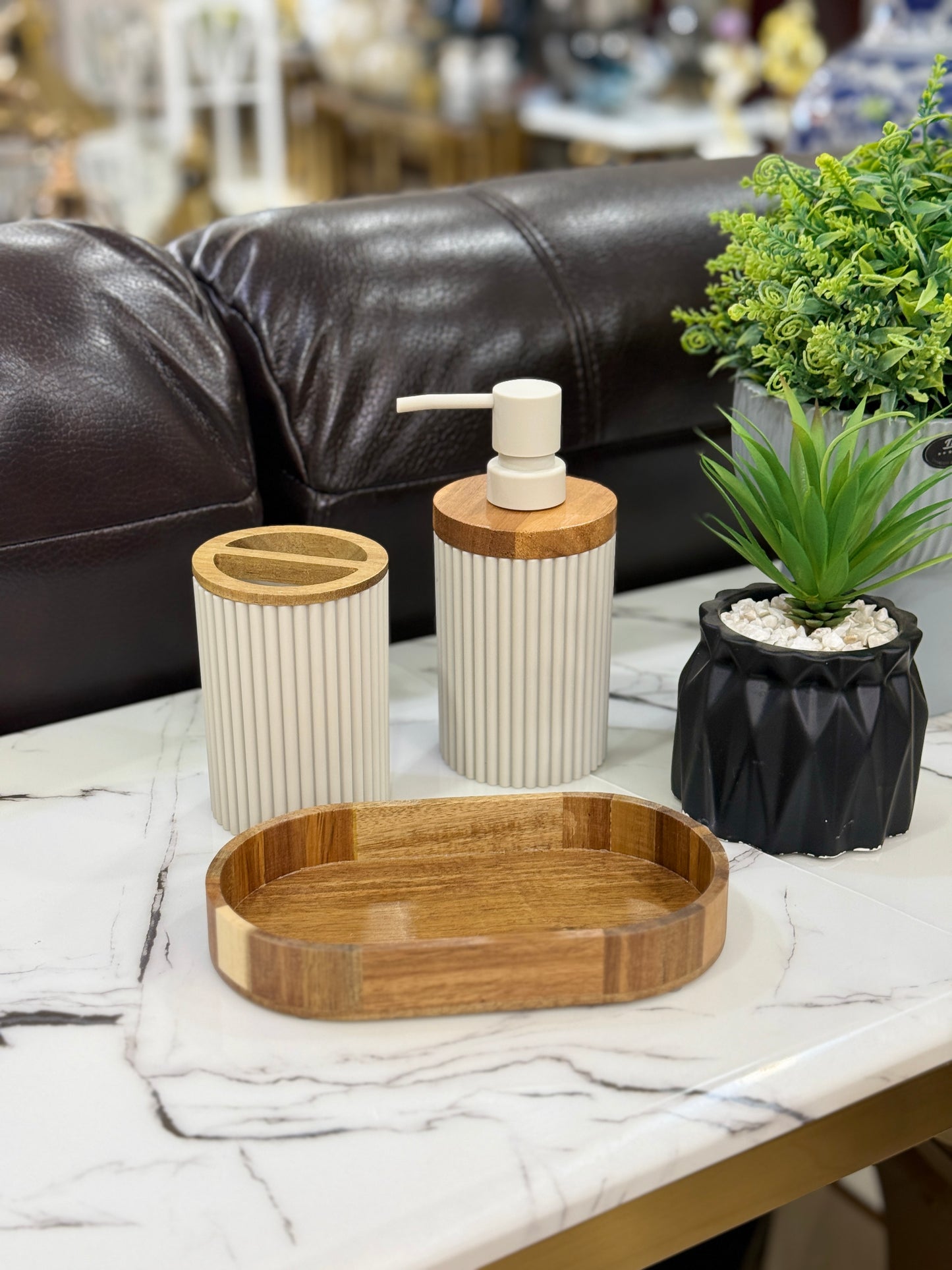Fatima Home Décor Nordic Ribbed Bathroom Set – 5-Piece Minimalist Bath Collection with Wood Accents