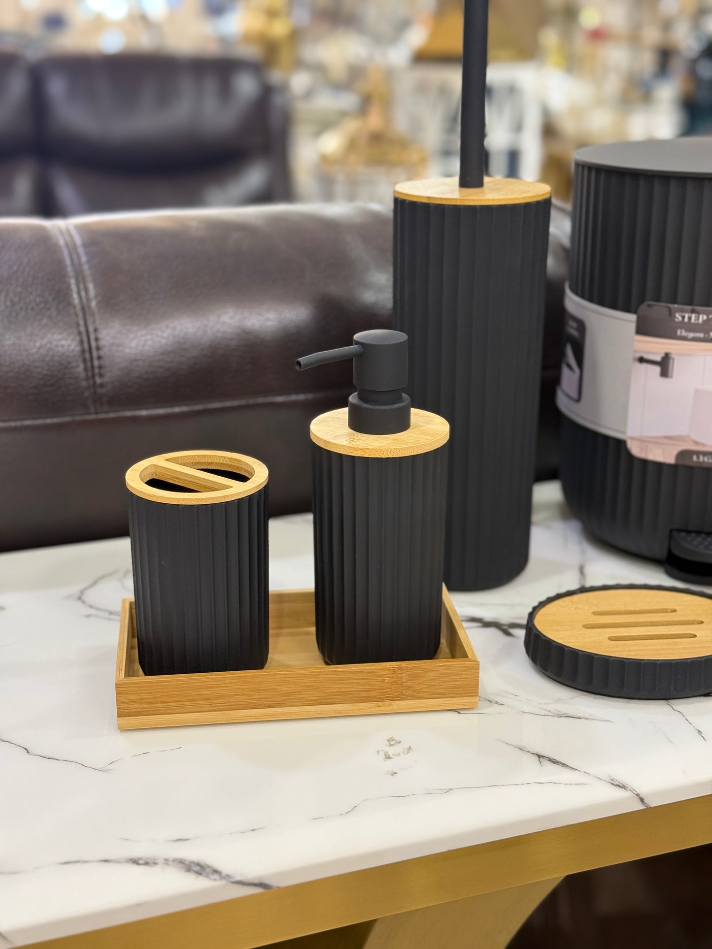 Fatima Home Decor Noir Nordic Ribbed Bathroom Set – 7-Piece Minimalist Bath Collection with Bamboo Accents