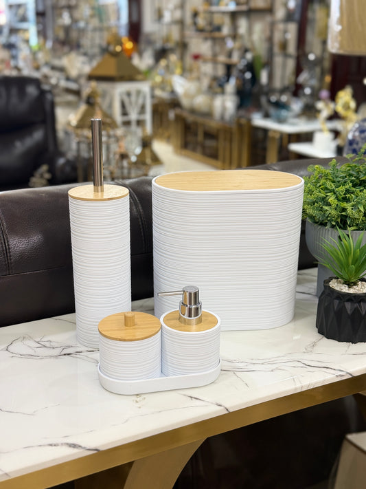 5-piece white horizontal-ribbed bathroom set with bamboo lids and accents displayed at Fatima Home Décor store in Islamabad