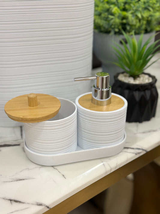 Fatima Home Décor Alabaster Horizon Bathroom Set – 5-Piece Ribbed White & Bamboo Collection
