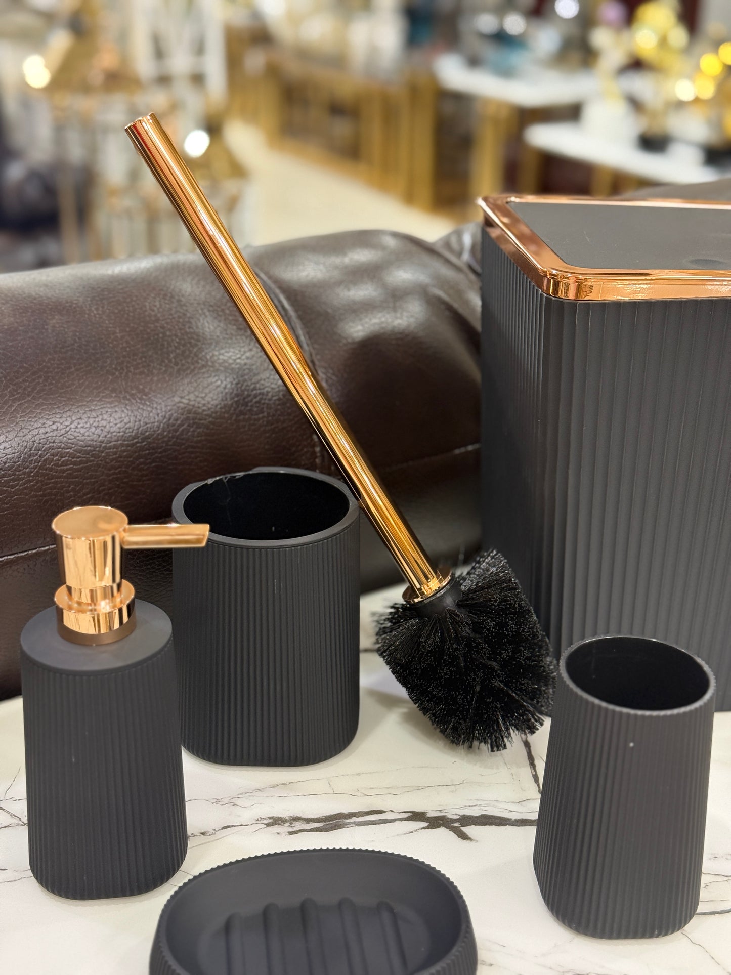 Fatima Home Décor Midnight Rose Gold Bathroom Set – 5-Piece Ribbed Matte Black & Copper Collection