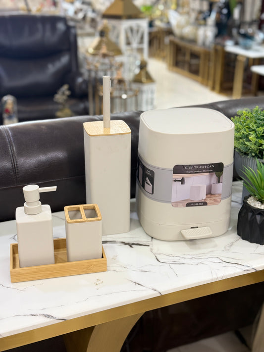5-piece minimalist off-white bathroom accessory set with natural bamboo lids and a display tray at Fatima Home Décor store in Islamabad.