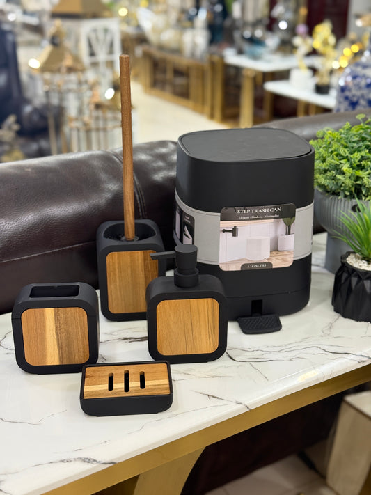 5-piece minimalist matte black bathroom accessory set with natural wood-grain panels at Fatima Home Décor store in Islamabad.