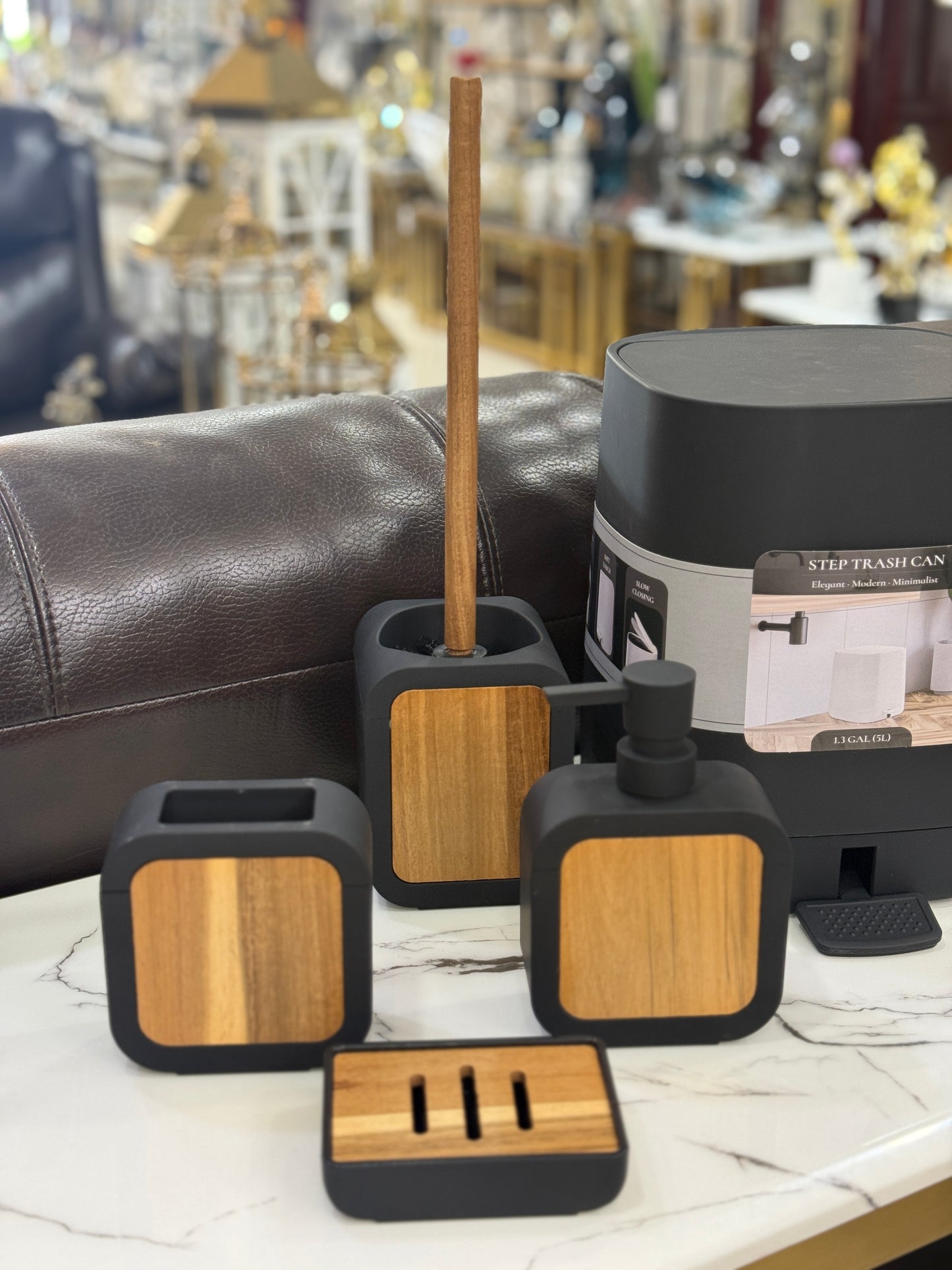 Fatima Home Décor Obsidian & Oak Bathroom Set – 5-Piece Minimalist Matte Black & Wood Collection