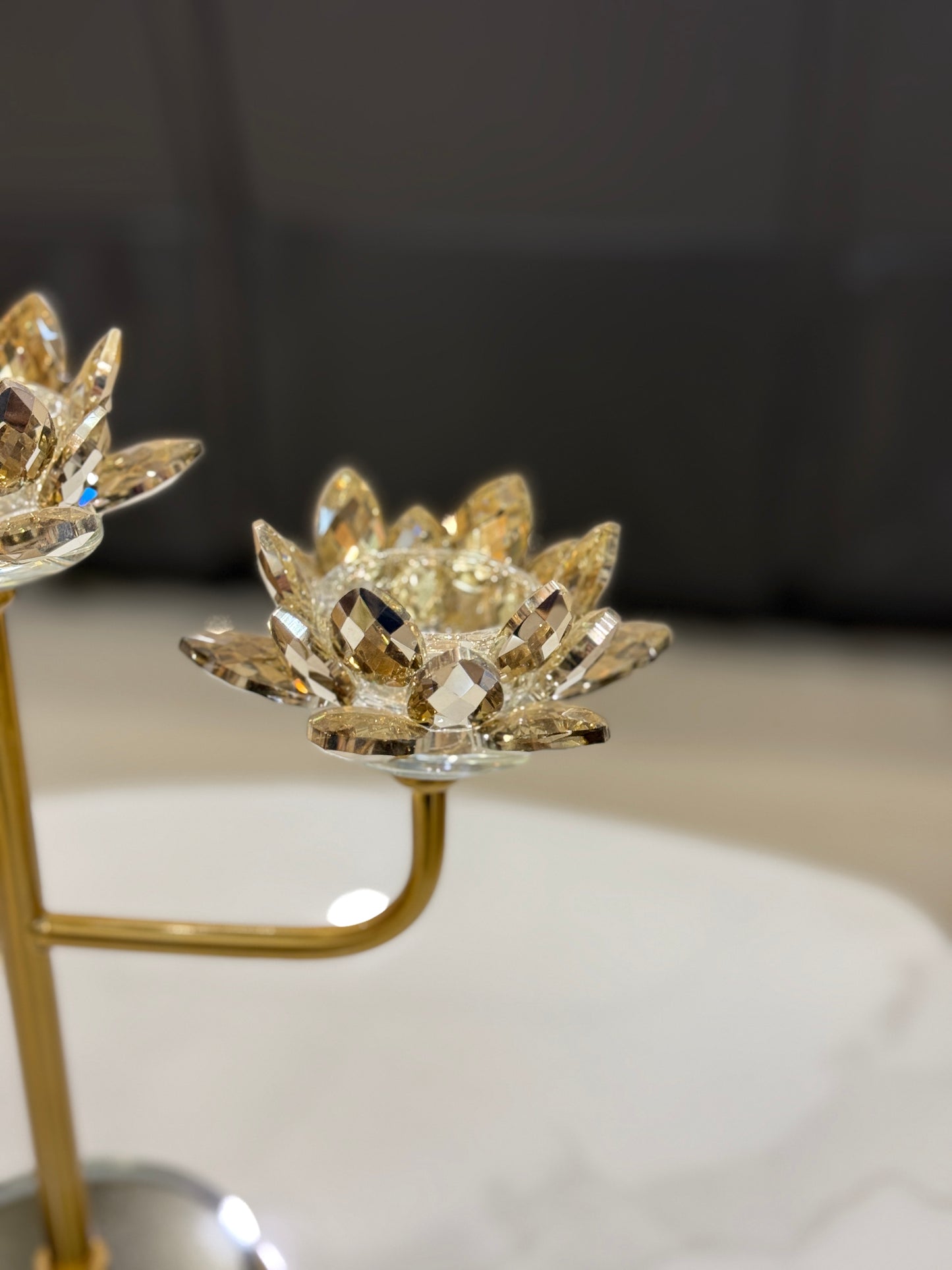 Fatima Home Decor Golden Trinity Lotus Candelabra - 3-Arm Crystal Bloom Candle Stand