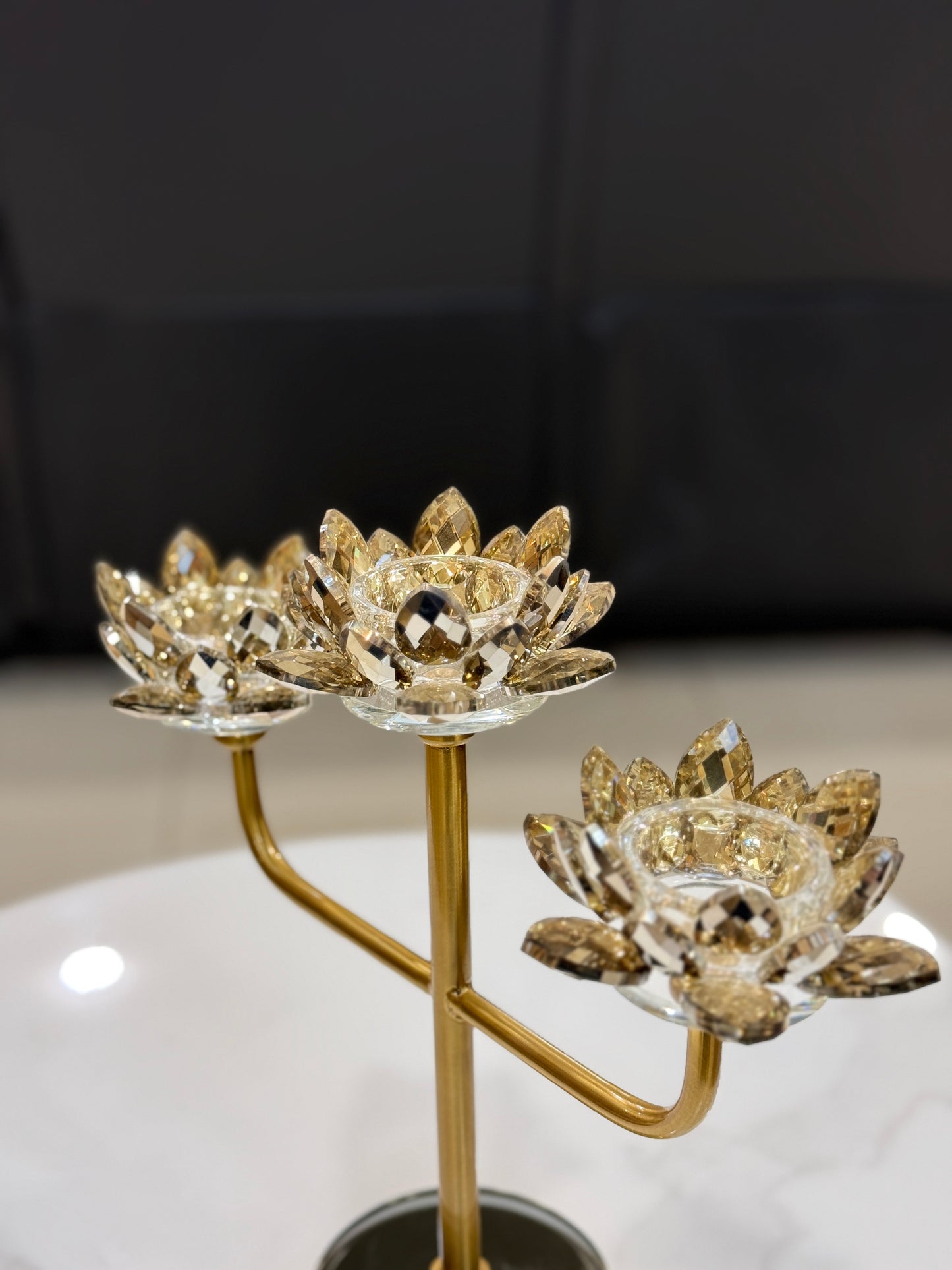 Fatima Home Decor Golden Trinity Lotus Candelabra - 3-Arm Crystal Bloom Candle Stand
