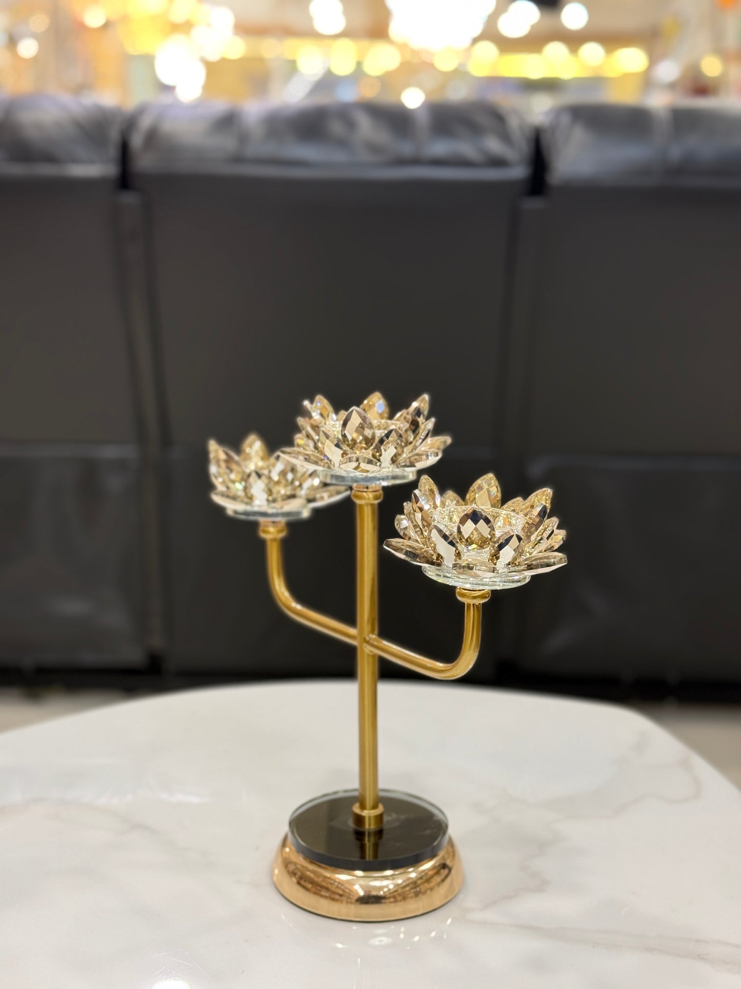 Fatima Home Decor Golden Trinity Lotus Candelabra - 3-Arm Crystal Bloom Candle Stand