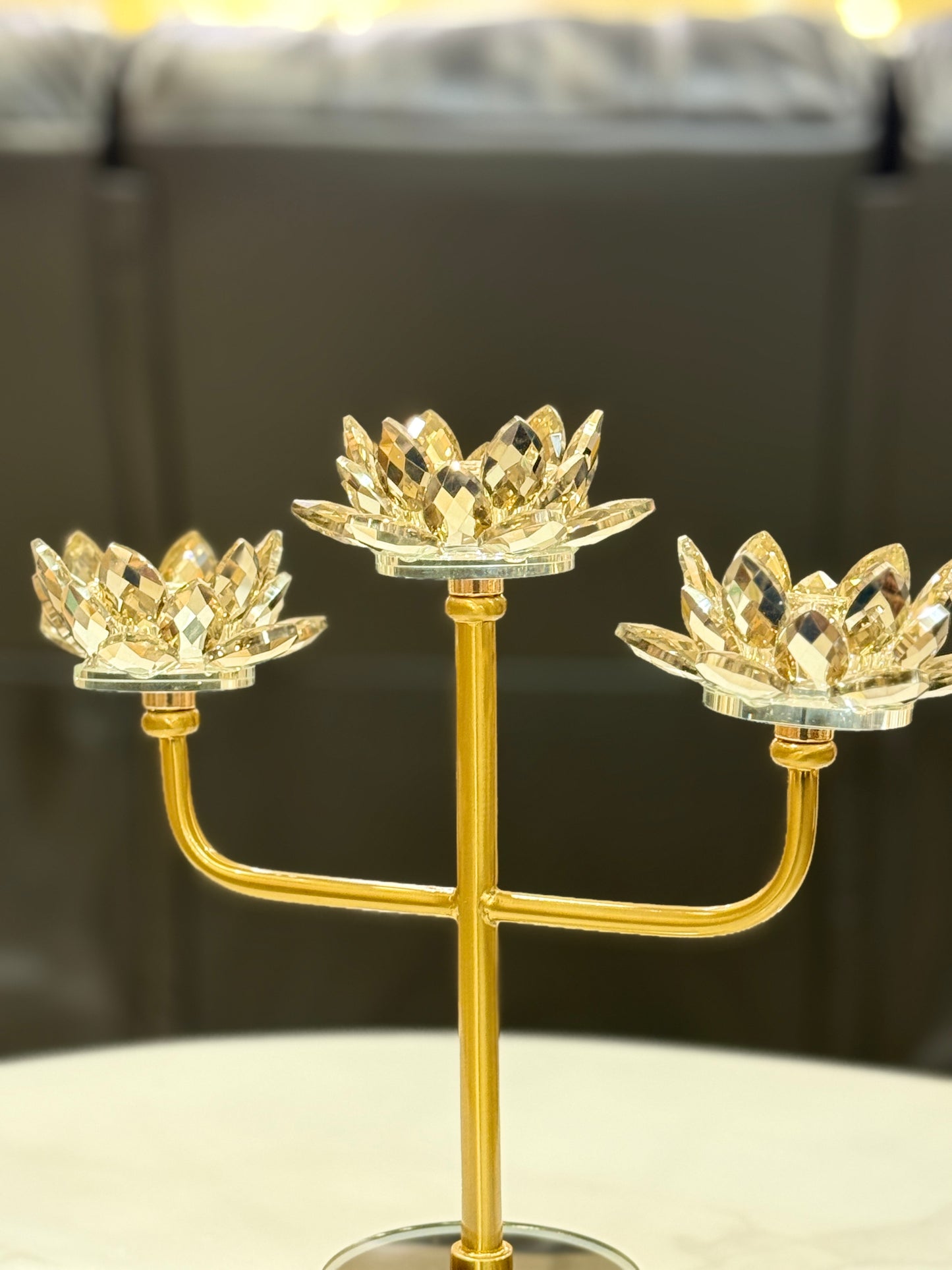 Fatima Home Decor Golden Trinity Lotus Candelabra - 3-Arm Crystal Bloom Candle Stand