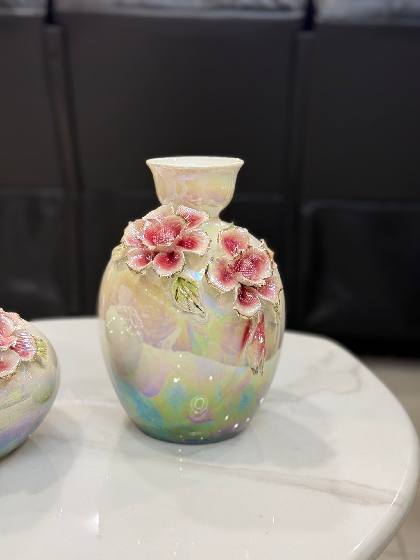 Fatima Home Décor Iridescent Floral Pearl Vase Set – 2-Piece Ceramic Shimmer Vase Collection
