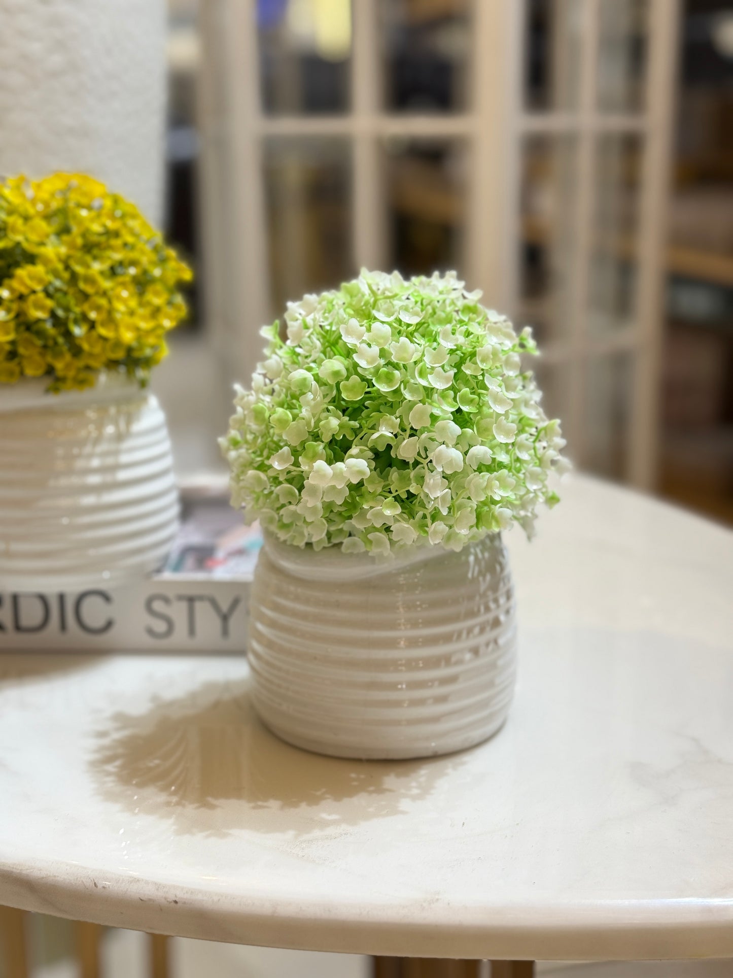 Fatima Home Décor Spring Meadow Artificial Potted Shrub – Miniature Greenery in Ribbed Ceramic Pot