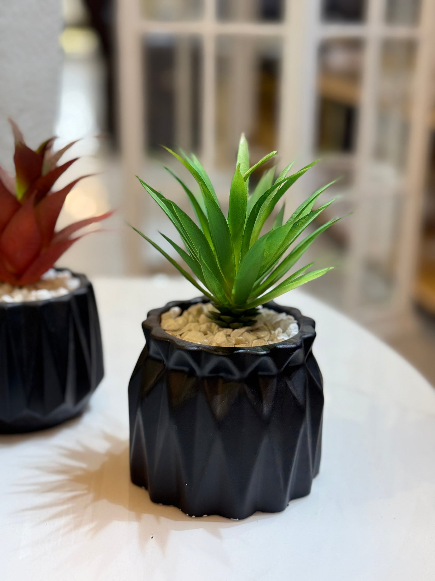 Fatima Home Décor Midnight Oasis Artificial Agave – Modern Desktop Succulent in Geometric Black Pot
