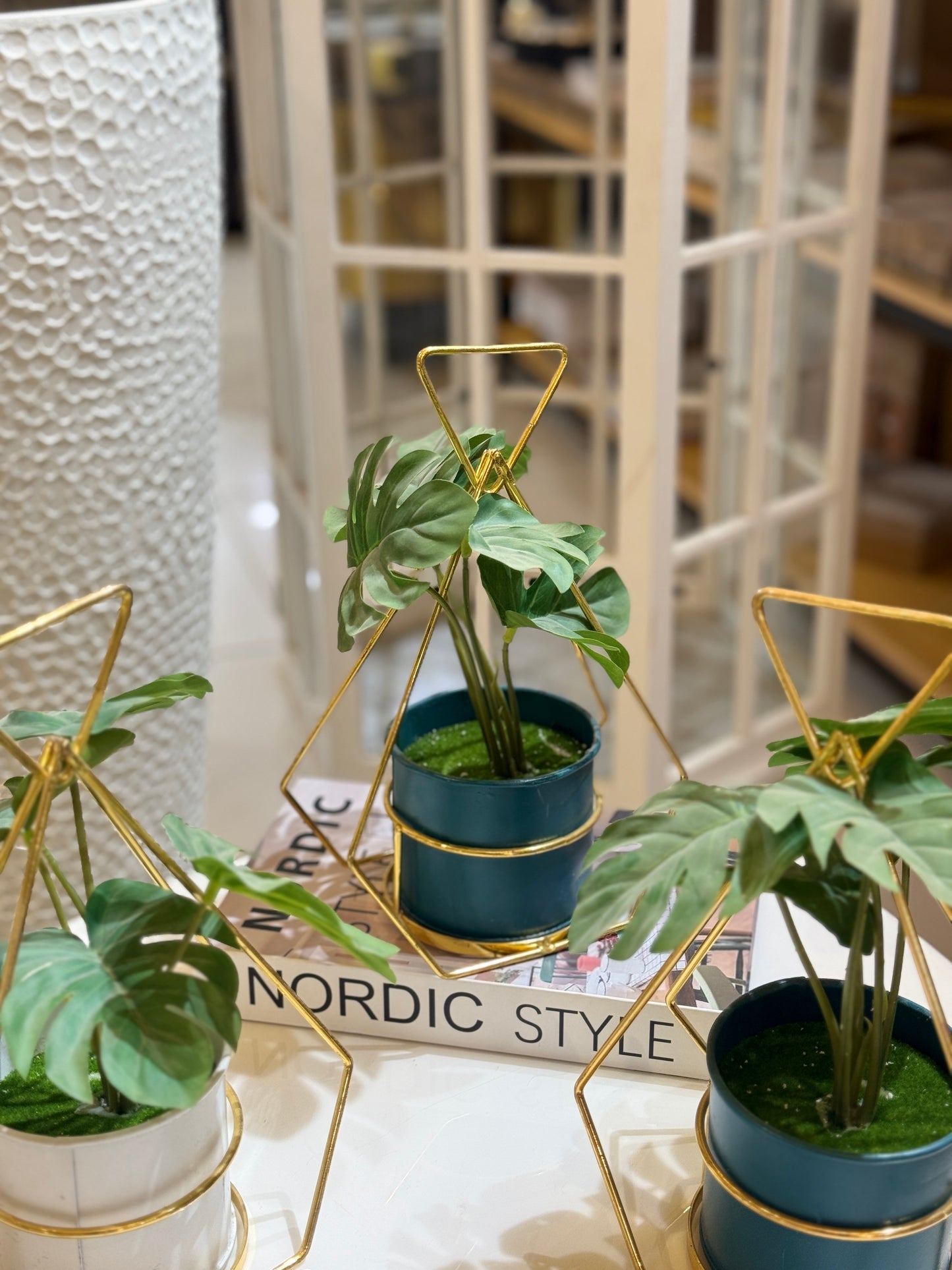 Fatima Home Decor Geometric Gold Monstera Stand – Luxury Artificial Desktop Greenery