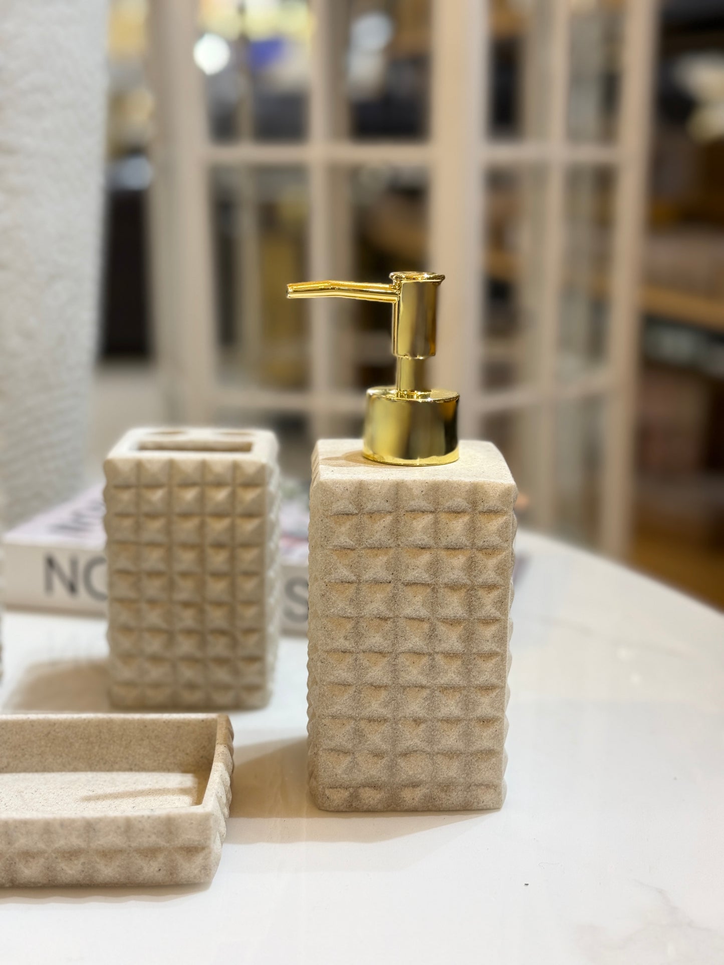 Fatima Home Decor Studded Sandstone Bathroom Accessories Set - 4 Piece Luxury Bath Set