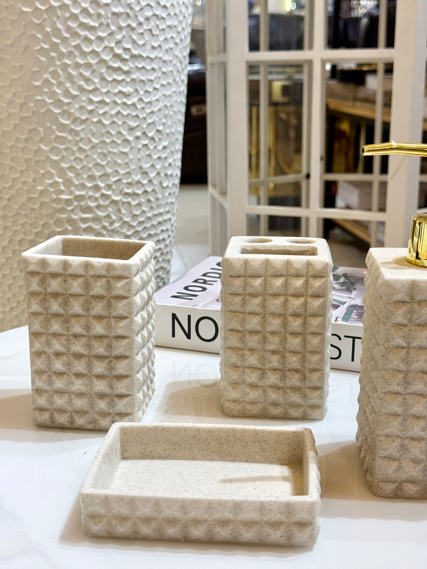 Fatima Home Decor Studded Sandstone Bathroom Accessories Set - 4 Piece Luxury Bath Set