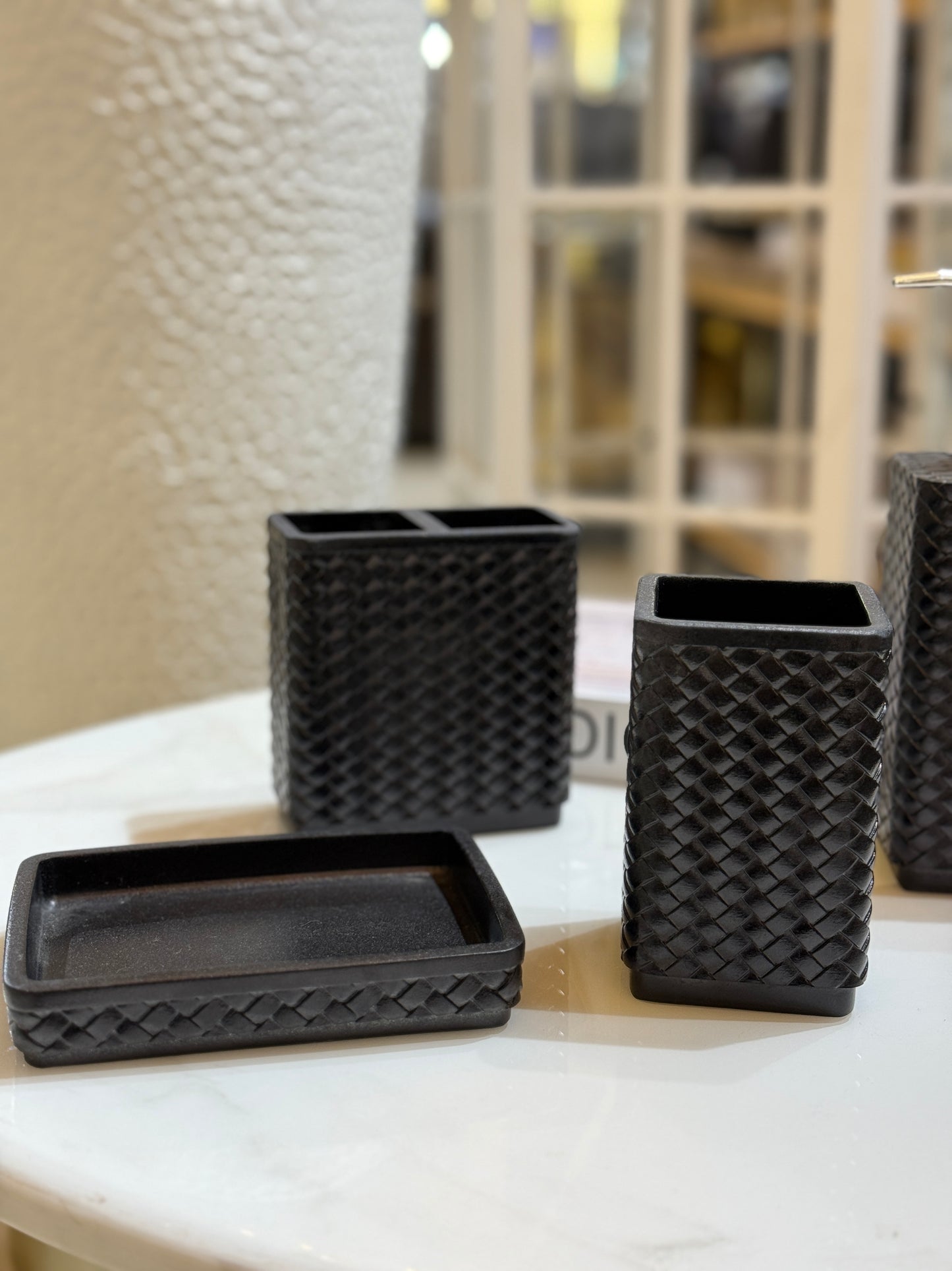 Fatima Home Decor Midnight Onyx Woven 4-Piece Bathroom Set - Matte Black Embossed Vanity Collection