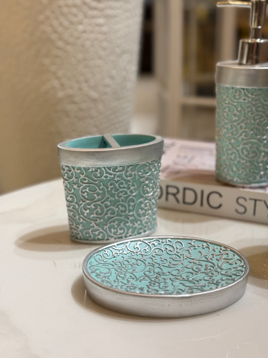 Fatima Home Decor Royal Turquoise & Silver Filigree 4-Piece Bathroom Set - Elegant Damask Style Bath Accessories