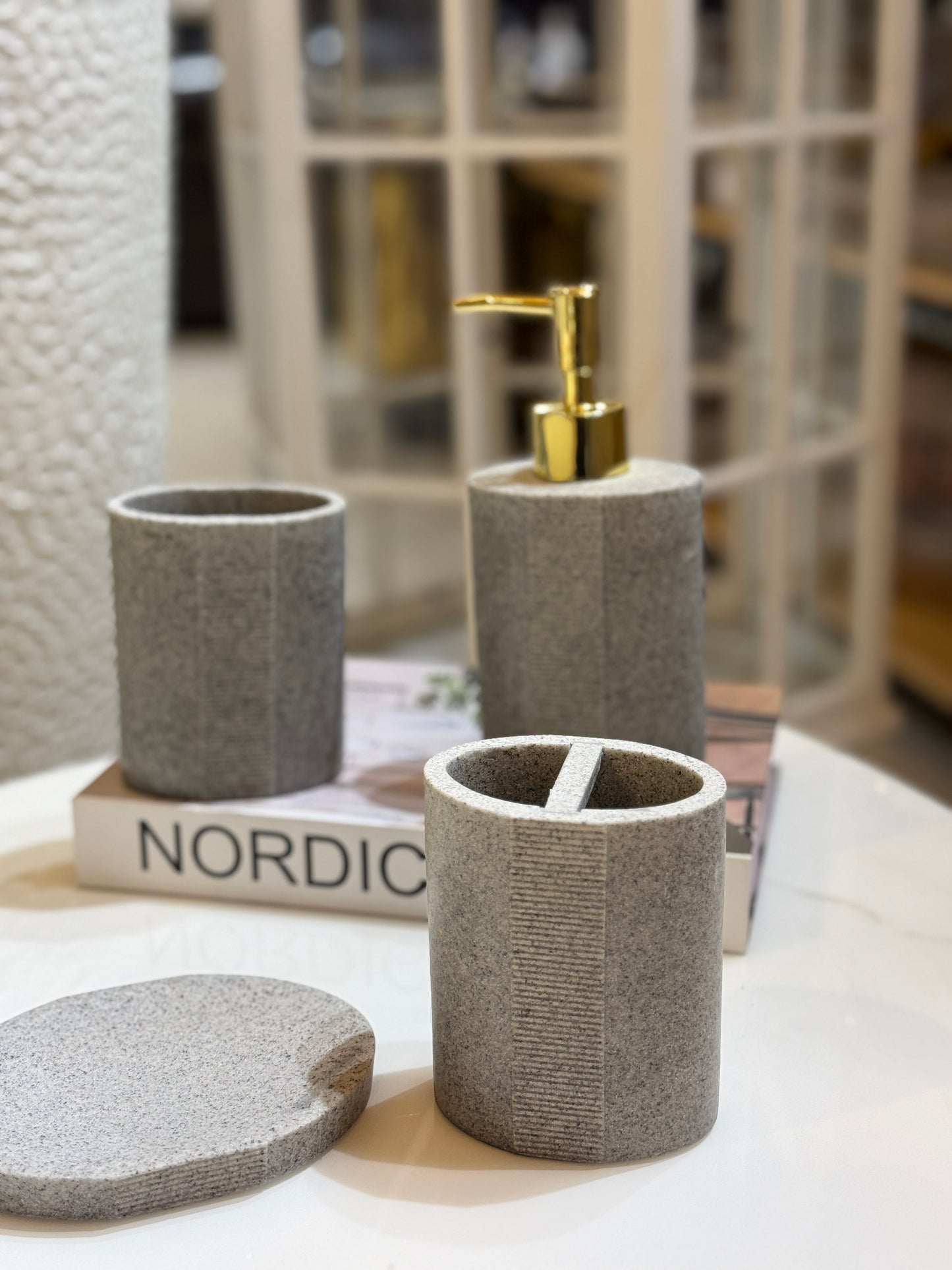 Fatima Home Decor Nordic Granite Grey 4-Piece Bathroom Accessories Set - Modern Ribbed Stone Finish