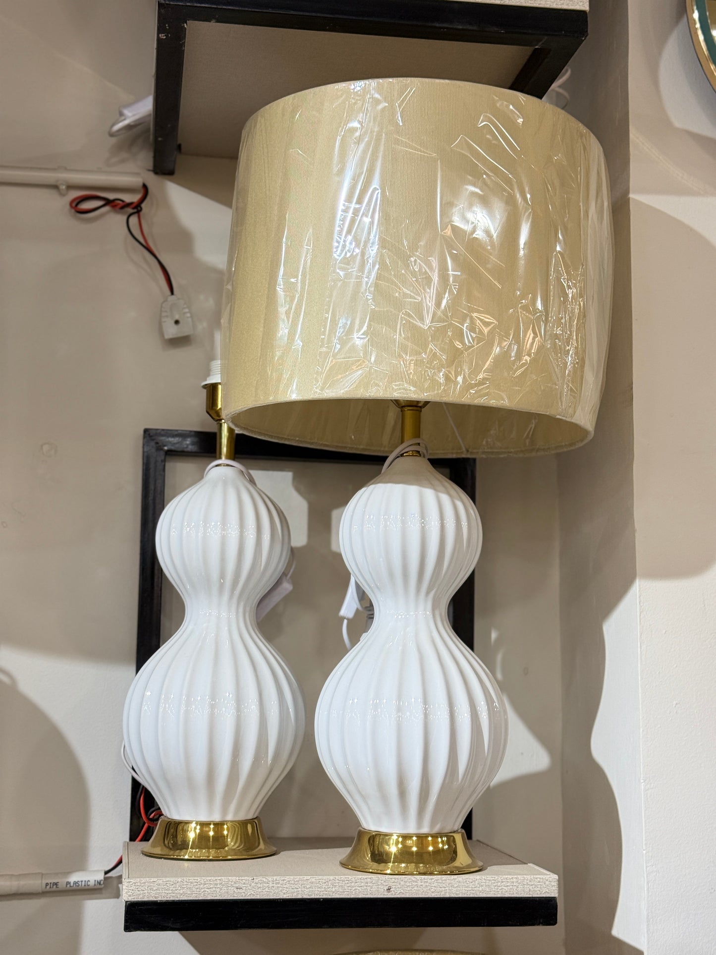 Fatima Home Décor Alabaster Ribbed Gourd Table Lamp Pair - Luxury White Ceramic Sculptural Lighting