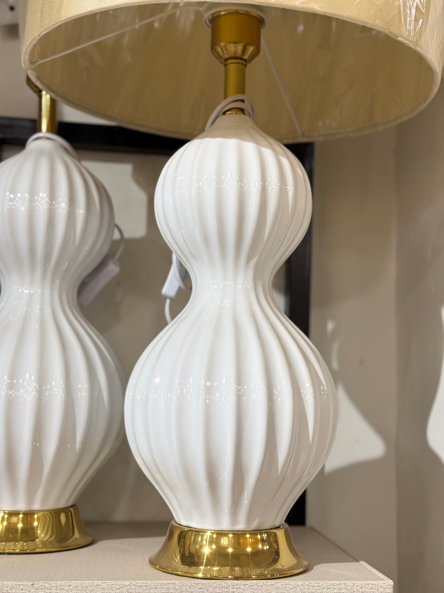 Fatima Home Décor Alabaster Ribbed Gourd Table Lamp Pair - Luxury White Ceramic Sculptural Lighting