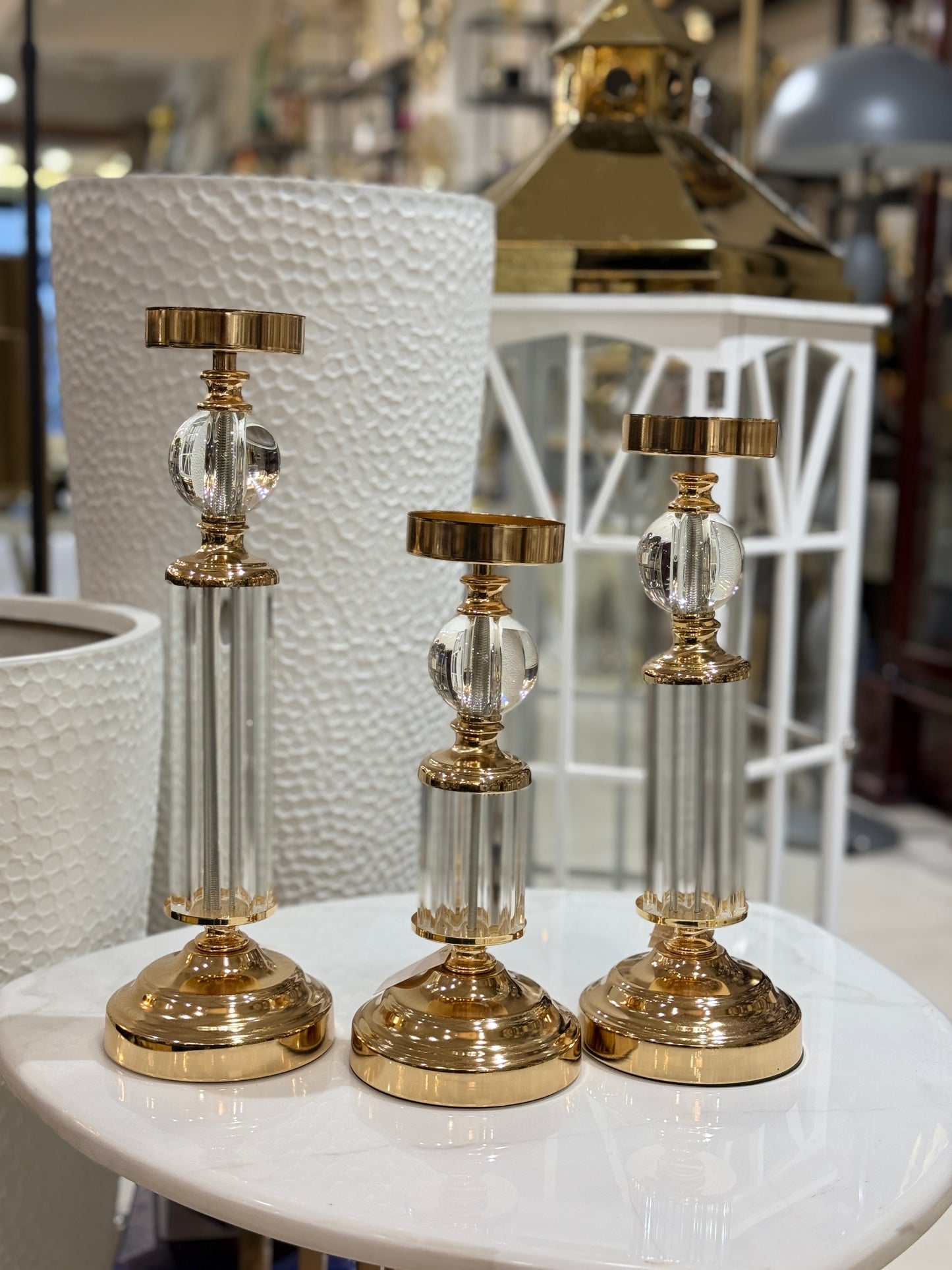 Fatima Home Decor Grand Crystal & Gold Pillar Stands - 3-Piece Luxury Fluted Glass Candle Set