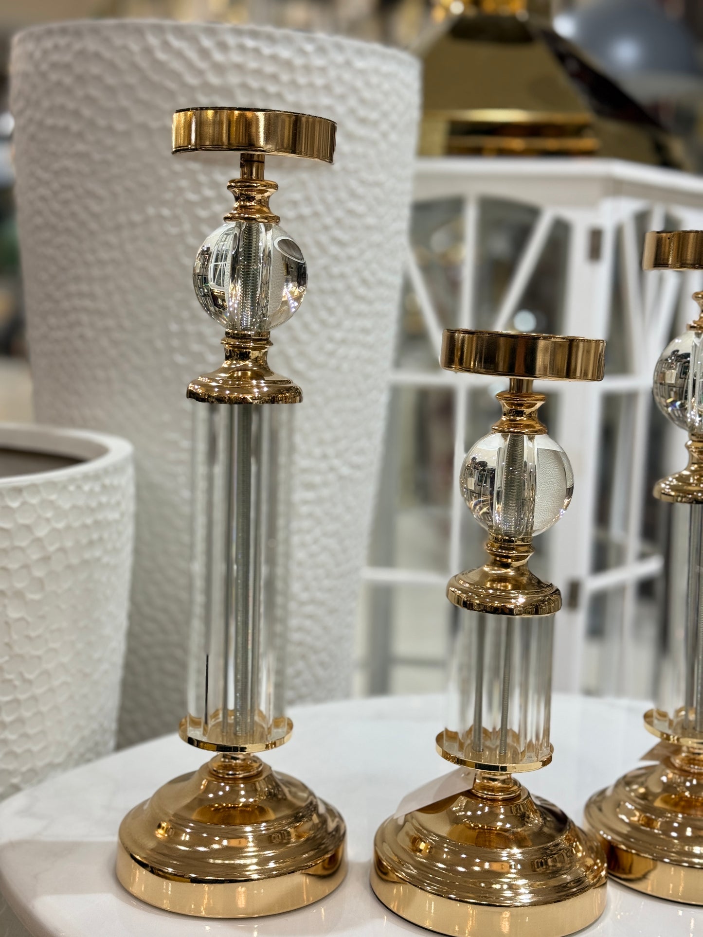 Fatima Home Decor Grand Crystal & Gold Pillar Stands - 3-Piece Luxury Fluted Glass Candle Set