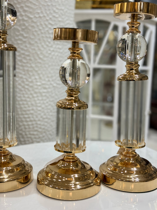 Fatima Home Decor Grand Crystal & Gold Pillar Stands - 3-Piece Luxury Fluted Glass Candle Set