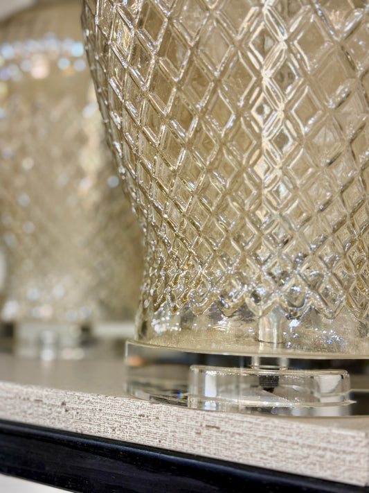 Fatima Home Décor Diamond Cut Glass Table Lamps Pair - Luxury Amber Crystal Bedside Lamp with Fabric Shade
