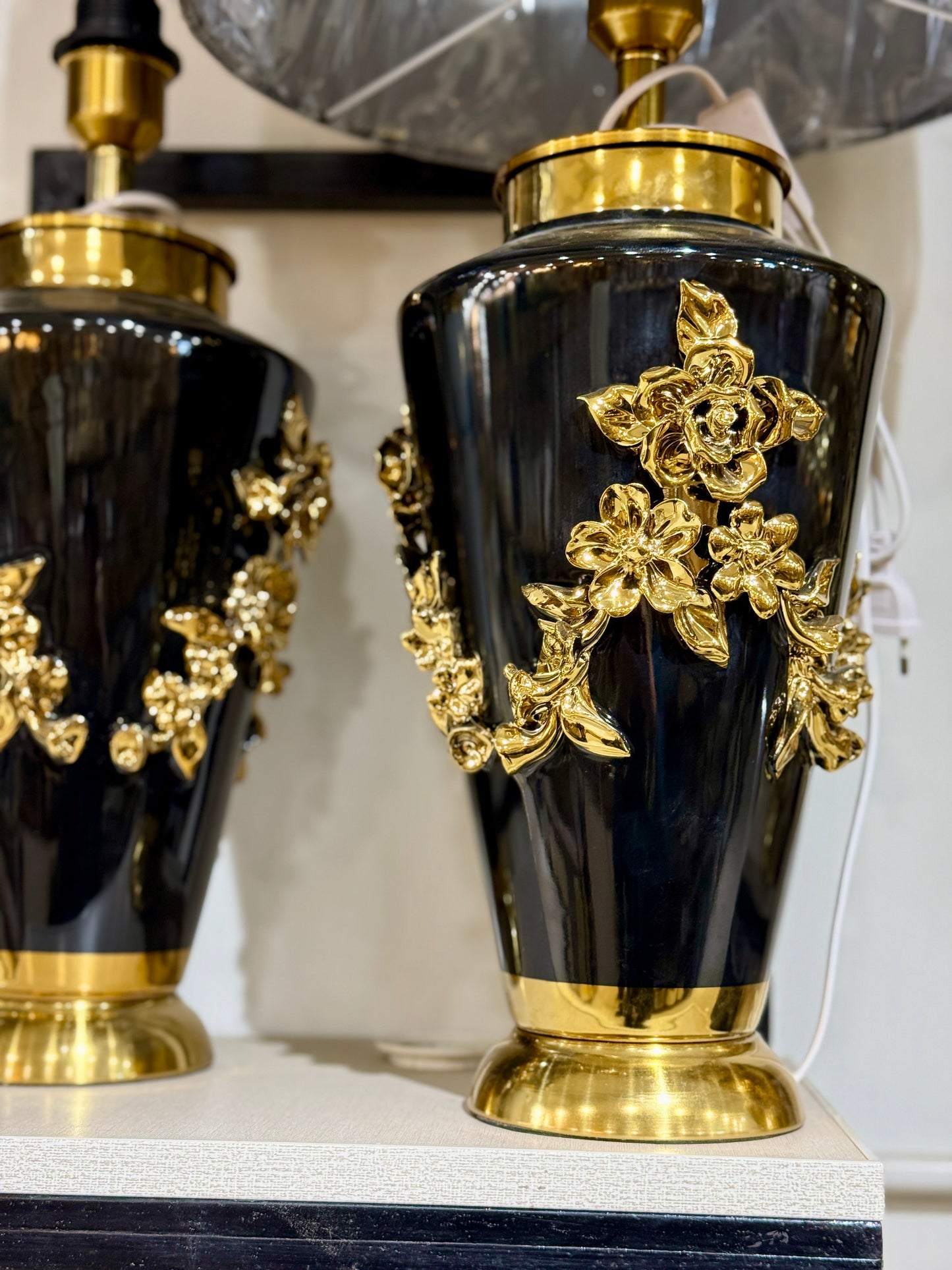Fatima Home Décor Midnight Rose Luxury Table Lamps Pair - Black & Gold Floral Urn Lamp with Fabric Shade