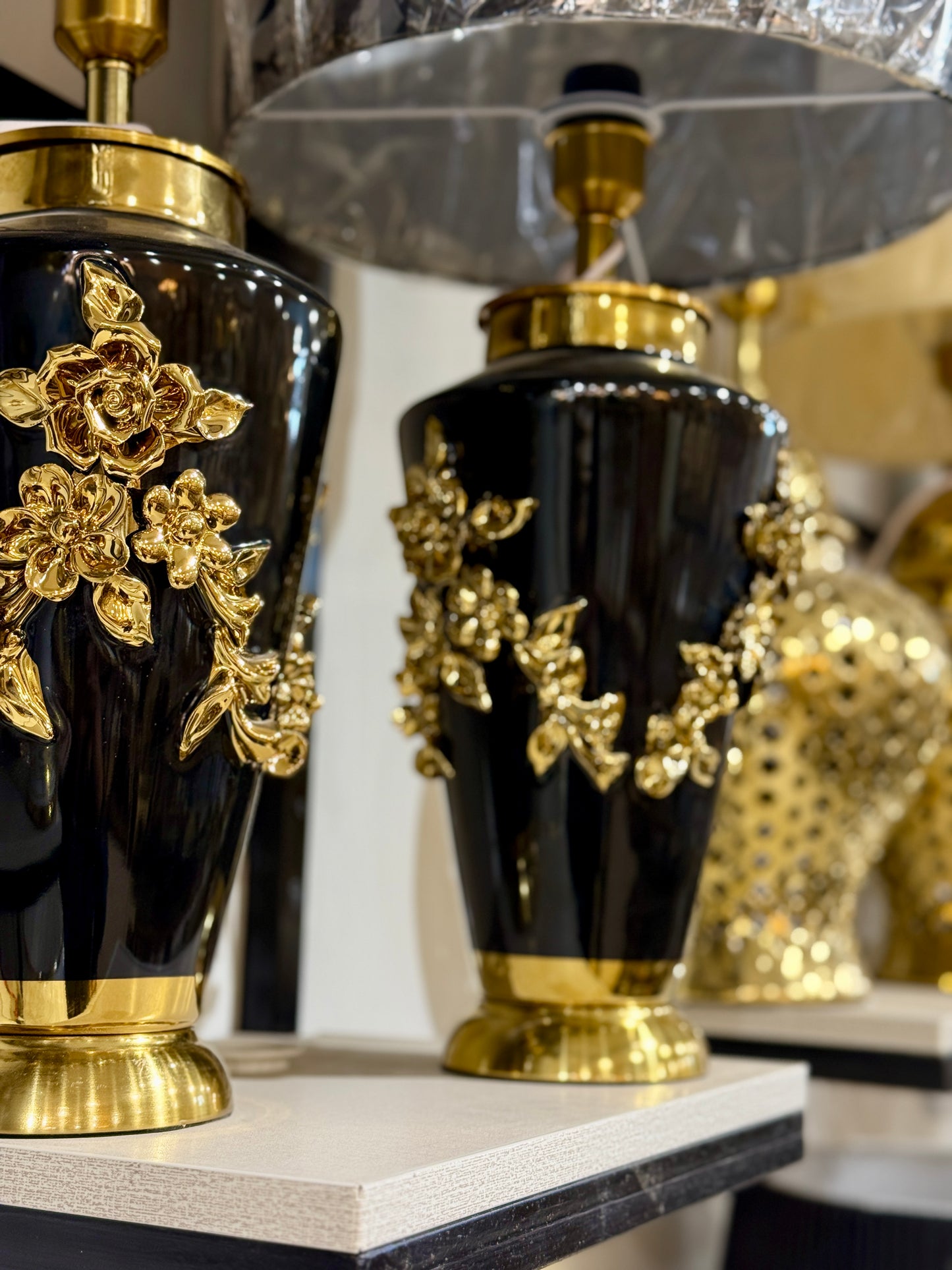 Fatima Home Décor Midnight Rose Luxury Table Lamps Pair - Black & Gold Floral Urn Lamp with Fabric Shade