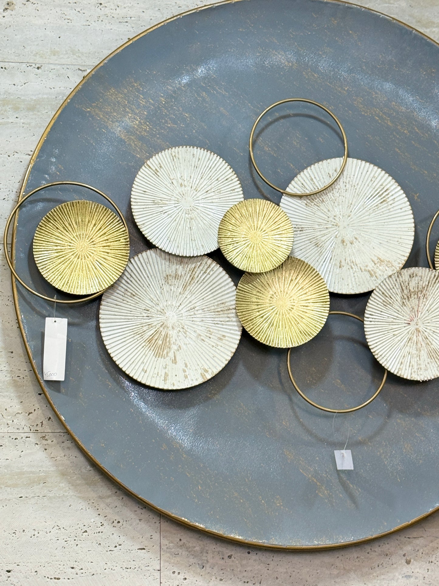 Fatima Home Décor Horizon Slate & Gold Metallic Wall Art – Large Circular Mixed-Media Statement Piece