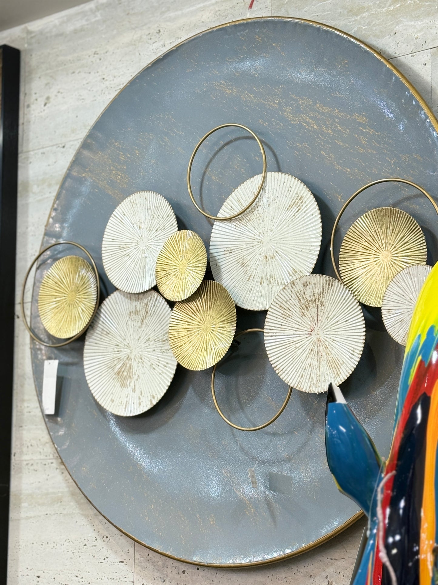 Fatima Home Décor Horizon Slate & Gold Metallic Wall Art – Large Circular Mixed-Media Statement Piece