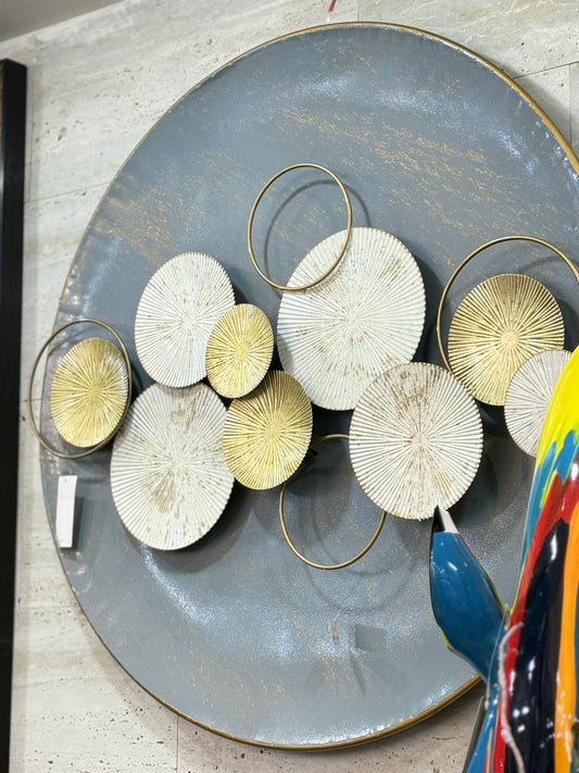 Fatima Home Décor Horizon Slate & Gold Metallic Wall Art – Large Circular Mixed-Media Statement Piece