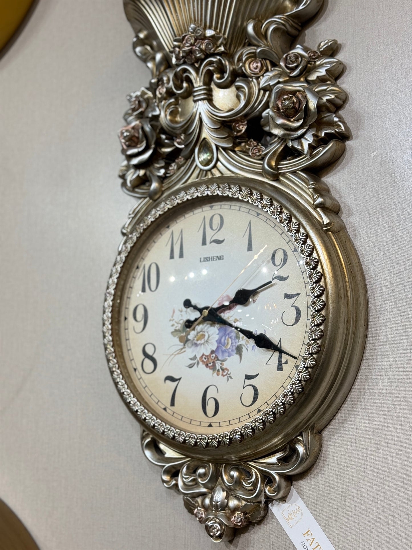 Fatima Home Décor Lisheng Royal Floral Wall Clock – Ornate Champagne Gold PVC Timepiece